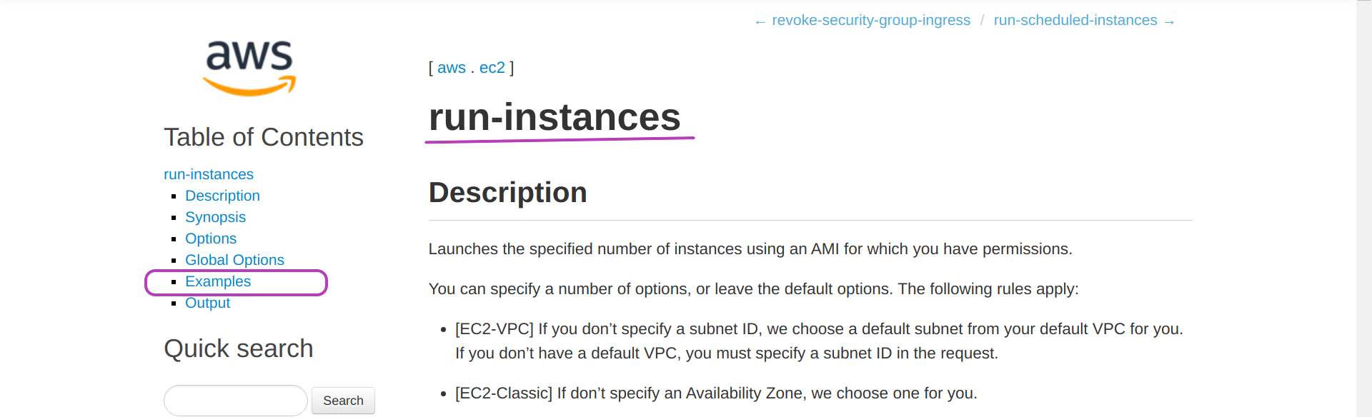 Screenshot of AWS CLI run-instances page in a browser, showing the option Examples circled