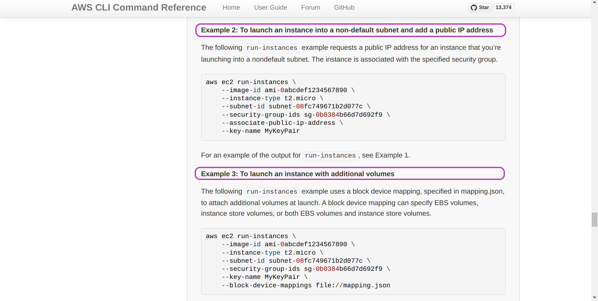 Screenshot of AWS CLI run-instances page in a browser, scrolled down and showing the headings Example 1 .. and Example 2 ..  circled