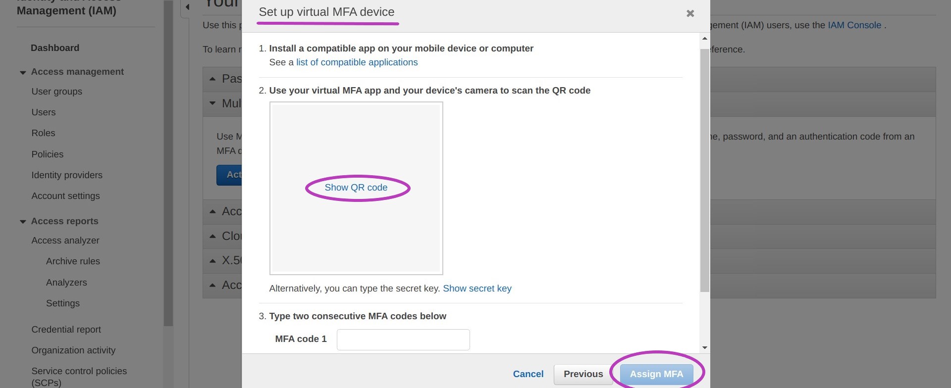 Screen shot of AWS Console 'Set up a virtual MFA device' pop-up window in a browser with the option 'Show QR code' selected