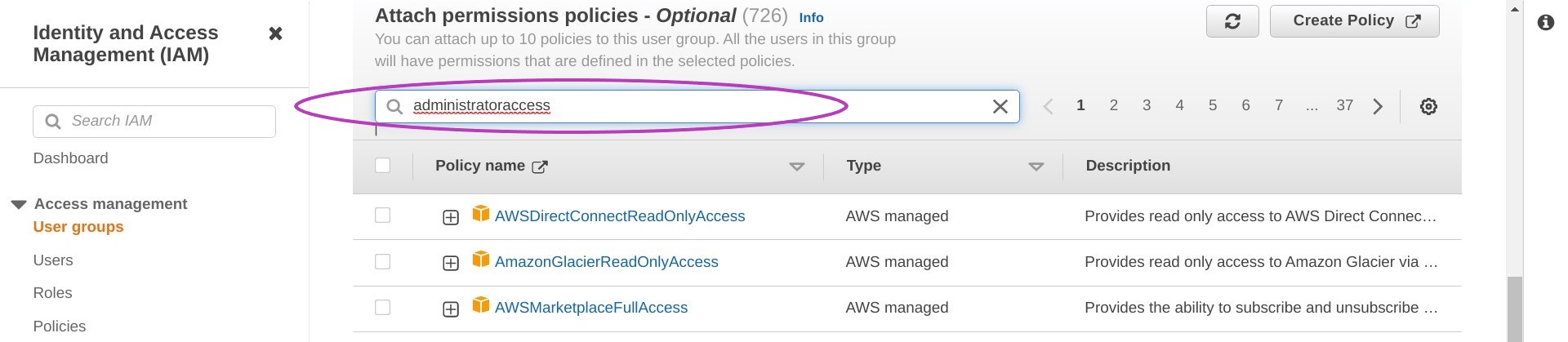 Screen shot of AWS Console Attach Permissions Policies section in a browser with the policies search box circled