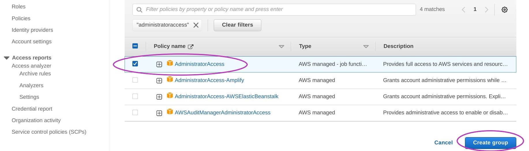 Screen shot of AWS Console Attach Permissions Policies section in a browser with the policy AdministratorAccess checked andcircled