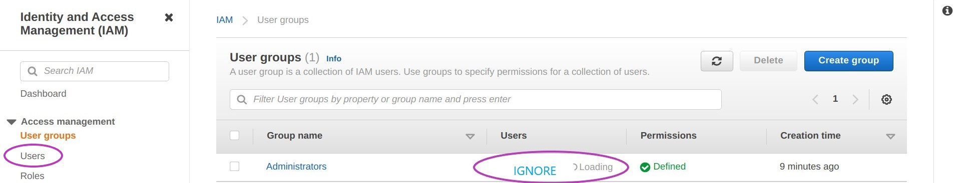 Screen shot of AWS Console User groups page in a browser, with the message Loading (information) circled