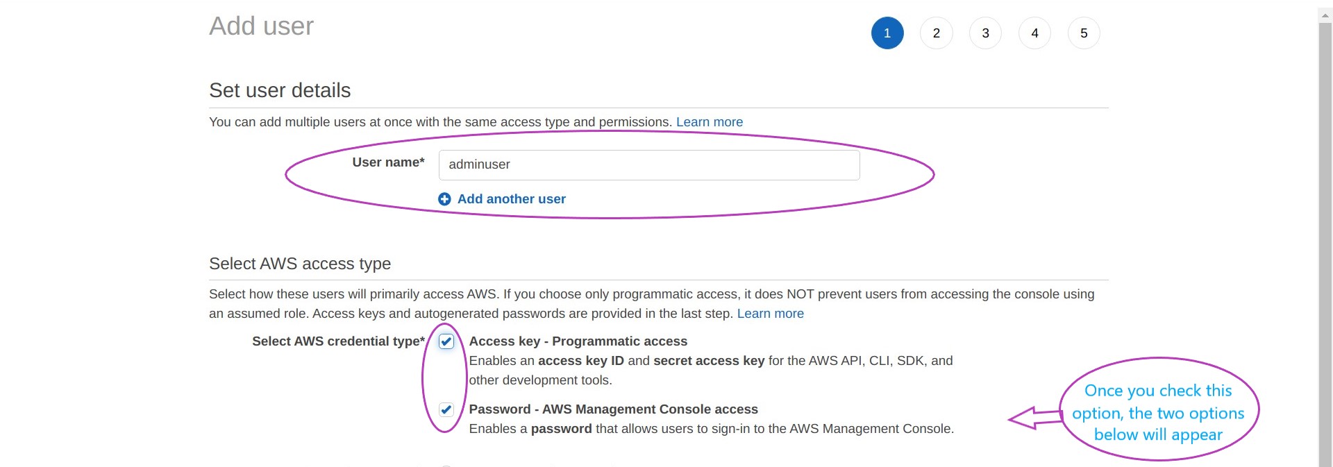 Screen shot of AWS Console IAM Add user page in a browser showing the User name box with a user name typed in (adminuser) and circled, and the boxes Access Key - Programmatic access and Password - AWS Management Console access checked and circled