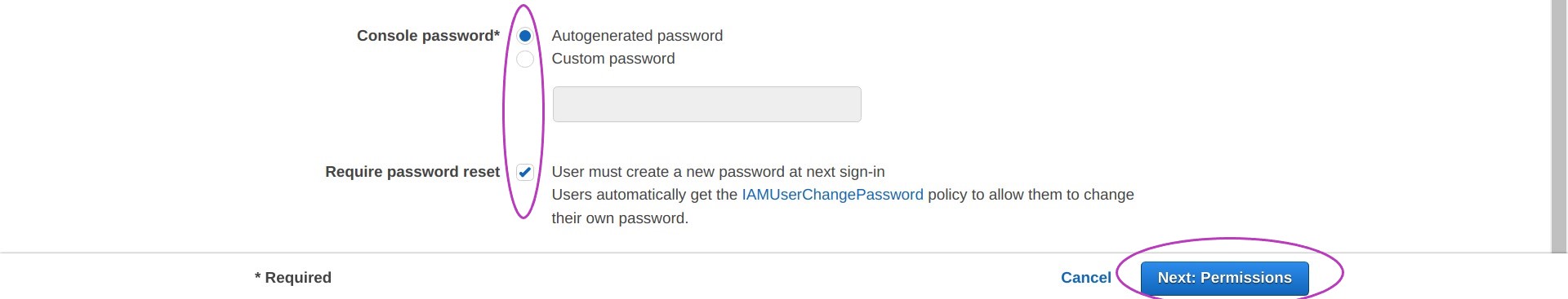 Screen shot of AWS Console IAM Add user page in a browser showing the options Autogenerated password and User must create a new password at next sign-in checked and circled, and the button Next: Permissions circled