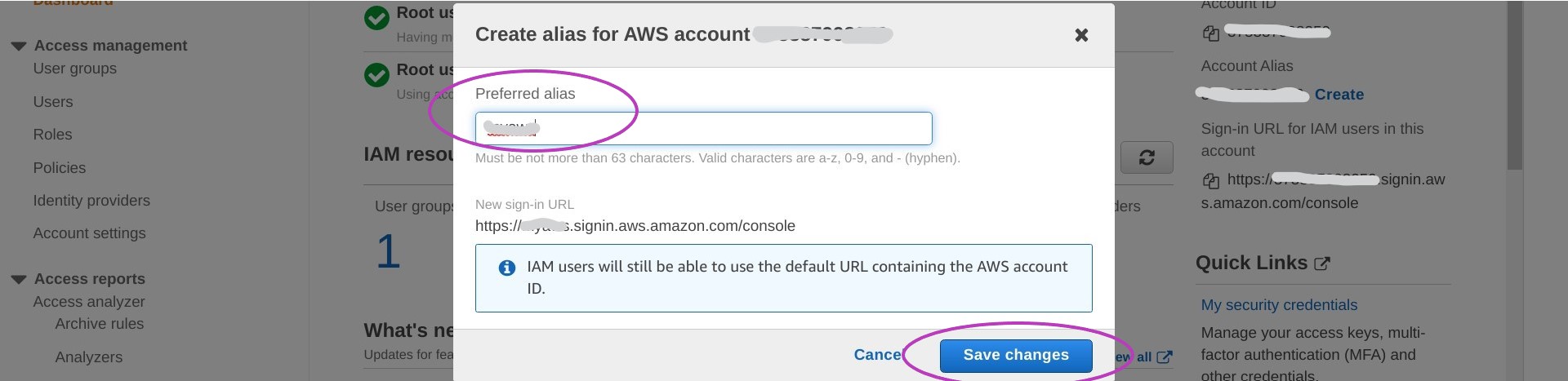 Screen shot of AWS Console Dashboard page in a browser showing pop-up window with box to enter Preferred alias and the button Save changes circled