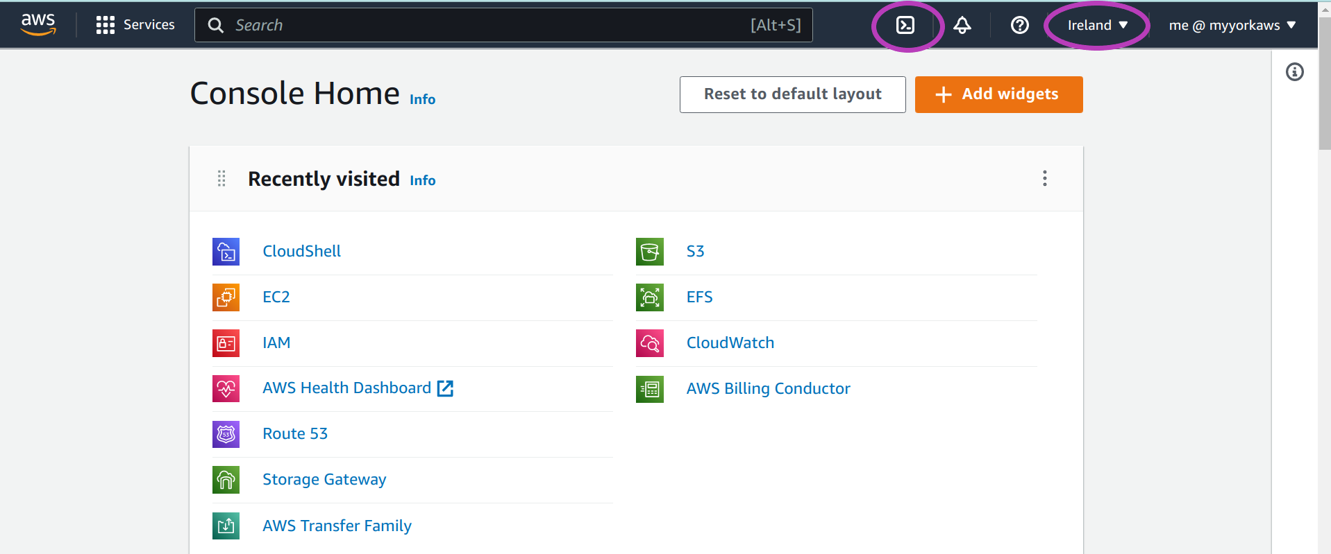 Screenshot of AWS Console page in a browser with the region menu at the top right and AWS CloudShell option at middle top circled