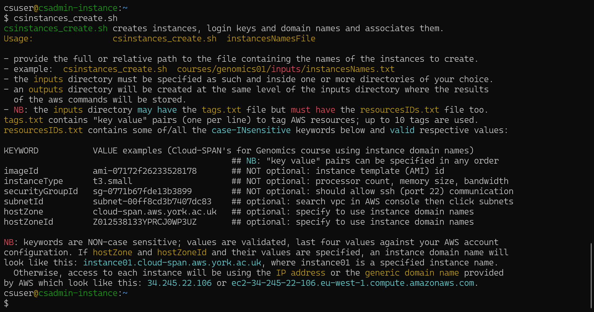 Screenshot of Linux terminal with the name of the script csinstances_create.sh circled