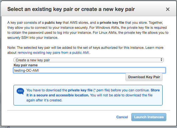 Screenshot showing dialogue box for creating a new key pair.