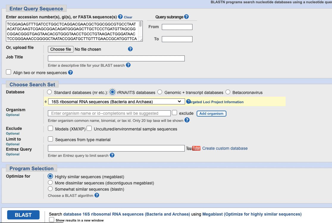 a screenshot of the query sequence and 16S/ITS rRNA selected