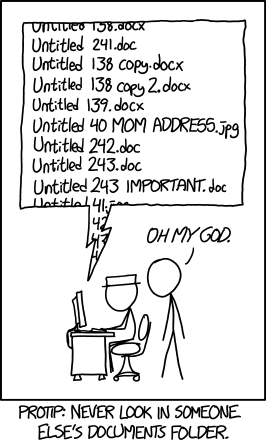 A comic figure is looking over the shoulder of another and is shocked by a list of files with names like 'Untitled 138 copy.docx' and 'Untitled 243.doc'. Caption: 'Protip: Never look in someone else's documents folder'.