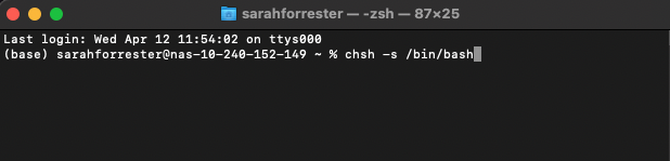 Mac terminal showing command to change to Bash shell