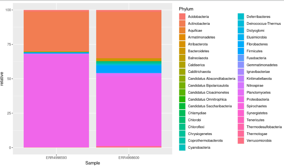 Plot of the relative abundance of each Phylum in the two samples.